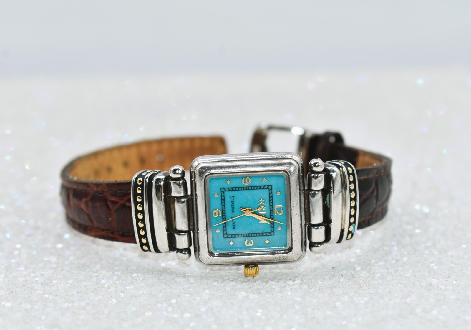 ECCLISSI Sterling Silver Turquoise Face Brown Leather Strap Wristwatch