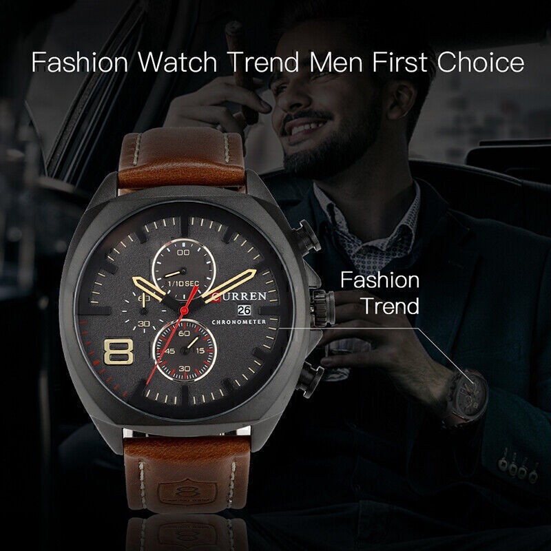 Business Sport Men’s Stainless Steel Case Leather Band Quartz Analog Wrist Watch