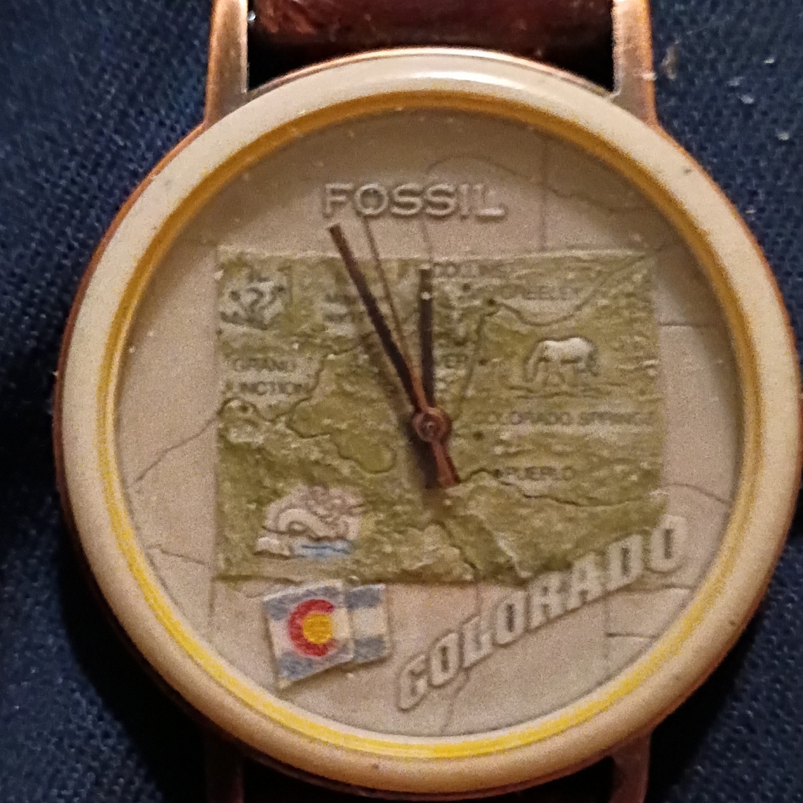 Fossil Colorado Map Dial Quartz Brown Leather Strap Gold Analog Wristwatch