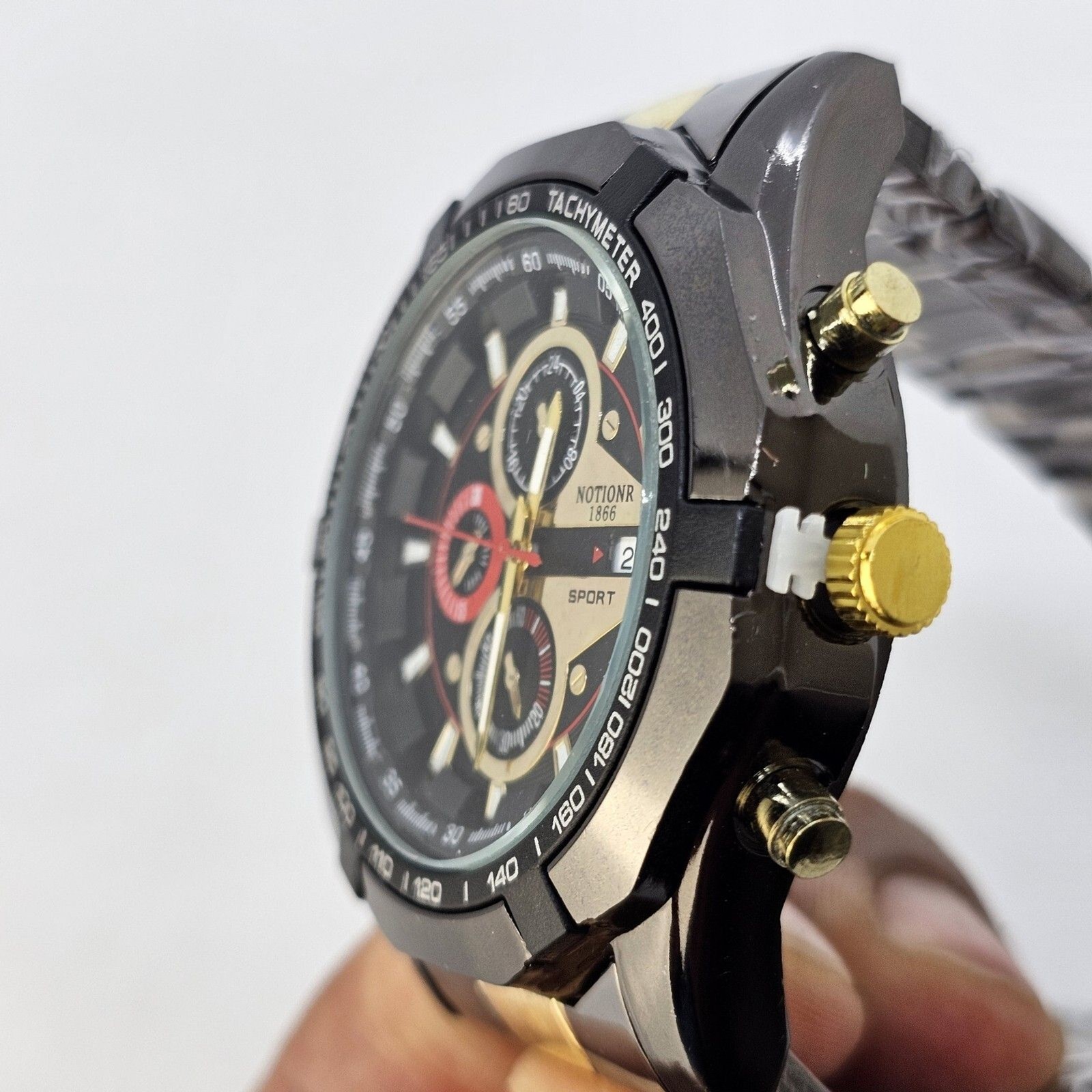 46MM Men’s Watch Black Case Black Dial Date Indicator Black Gold Bracelet 8″