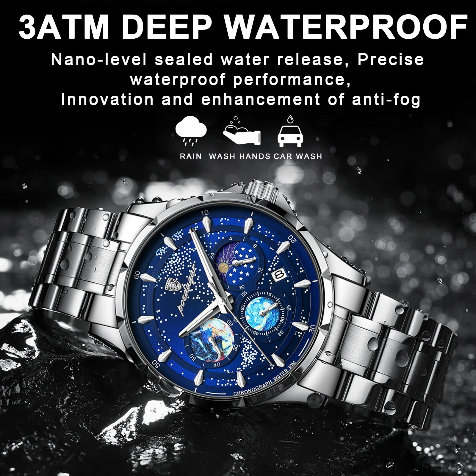 Waterproof Luminous POEDAGAR Luxury Men’s Watch Chronograph Stainless Men Strap