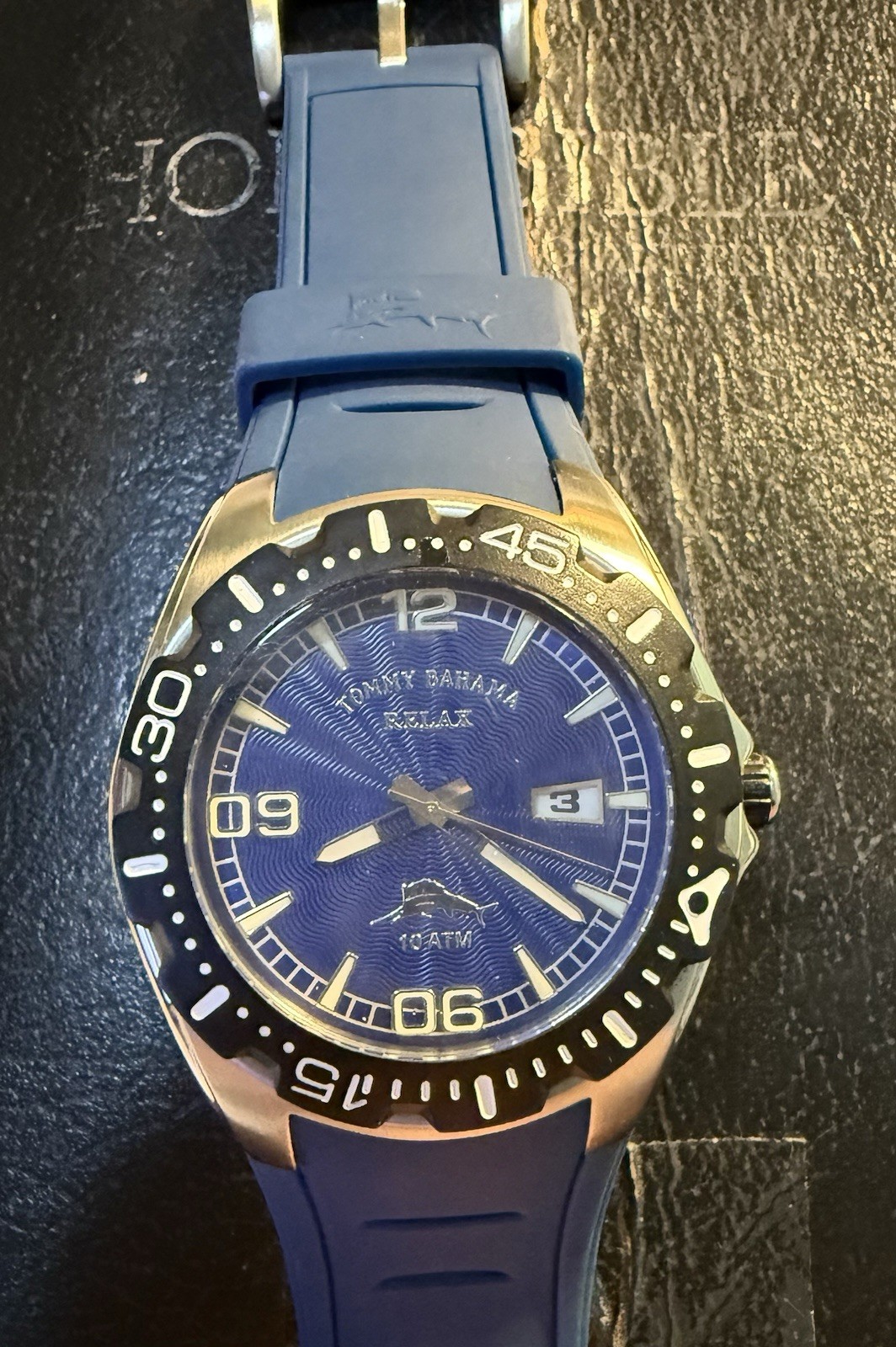 Tommy Bahama Relax RLX1001 Date Diver 10ATM Silver Blue 11” Watch NEW BATTERY*
