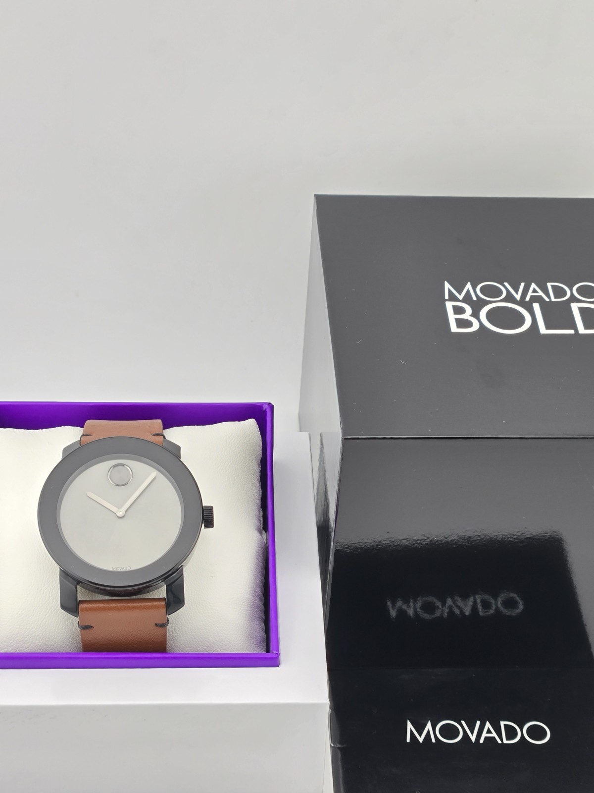 $395 MSRP | Movado Bold Men’s Gray Dial Brown Leather Watch – 3600442