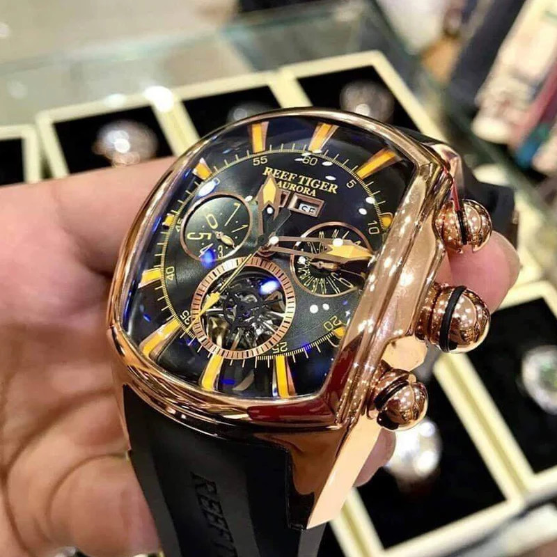 Reef Tiger 316L Wine Barrel Automatic Watch Tourbillon Mechanical RGA3069