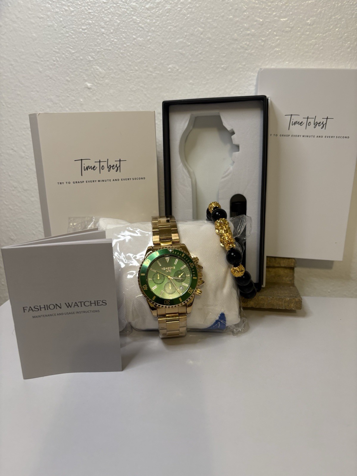 VEADONS 1985 Men’s Green Gold Quartz Watch New Box Bracelet Link Tool Gift Set