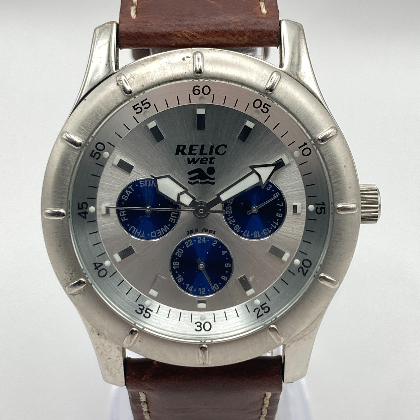 Relic Wet Men’s Watch Silver Tone 39mm Blue Day Date WR 50M New Battery 9″