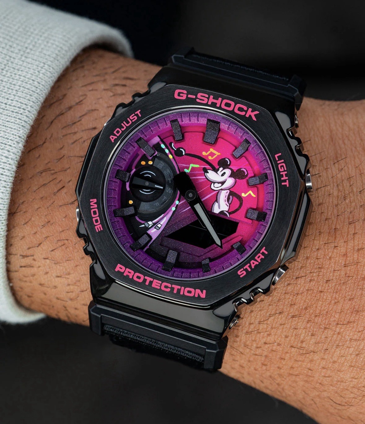 G-SHOCK Octagon Analog Quartz Watch 200m Black Resin Strap Pink Cartoon Dial