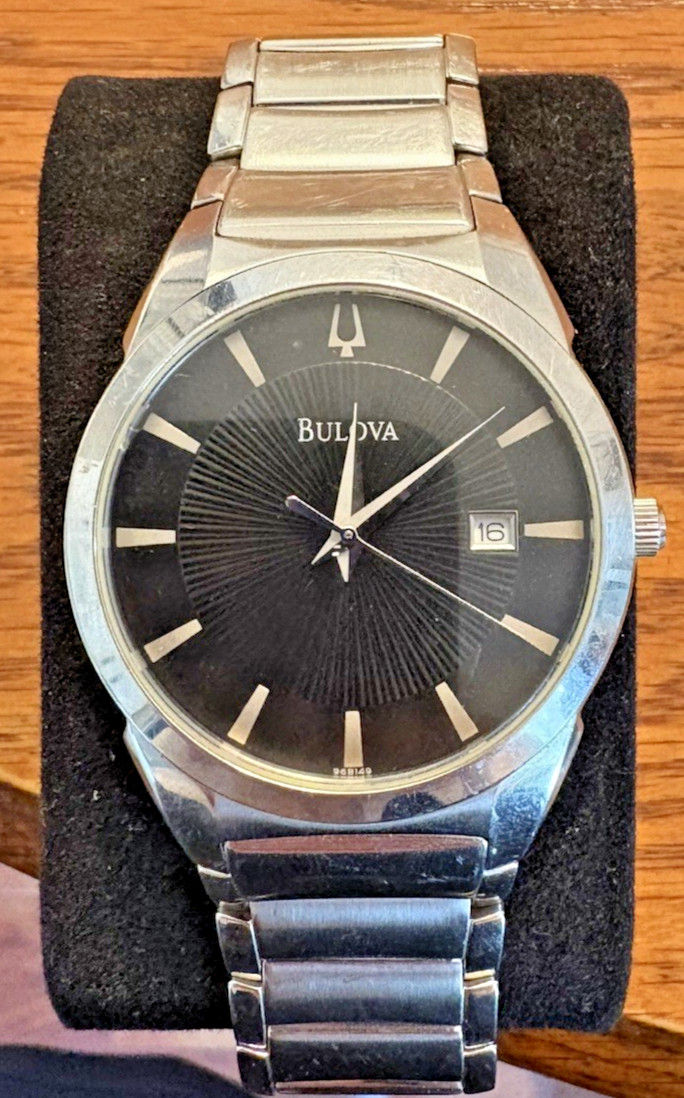 Bulova 96B149 Black Dial Dress Stainless Steel Mens’ Watch. Needs Battery.