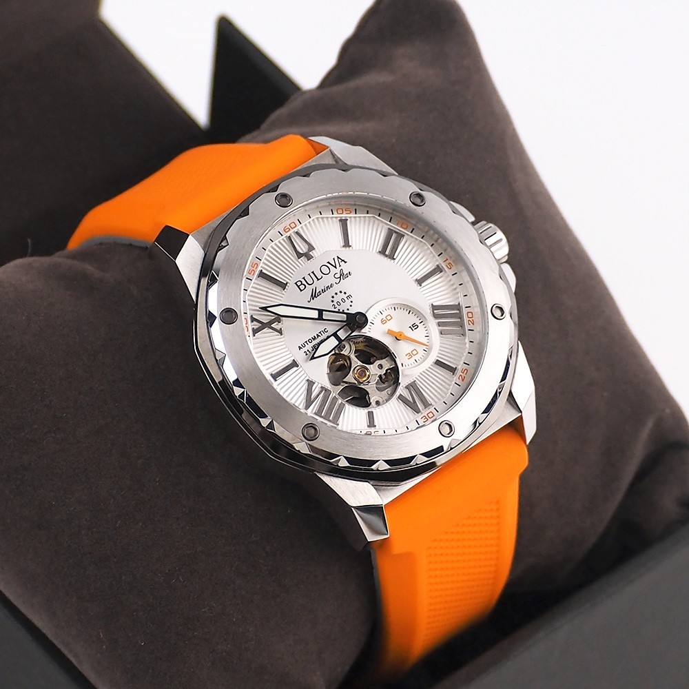 Bulova Marine Star Series A 98A226 Orange Silicone Strap Men’s Automatic Watch