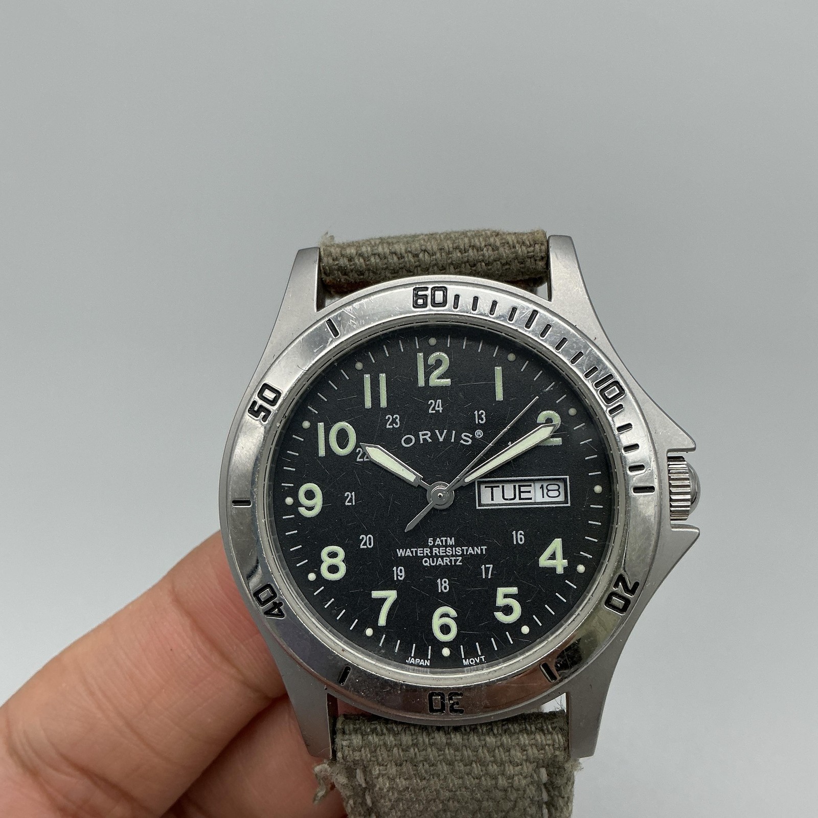 Orvis Mens Watch 38mm Black Dial Military Field Day Date Canvas New Battery