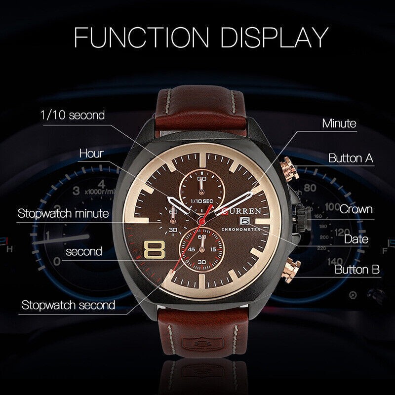 Business Sport Men’s Stainless Steel Case Leather Band Quartz Analog Wrist Watch