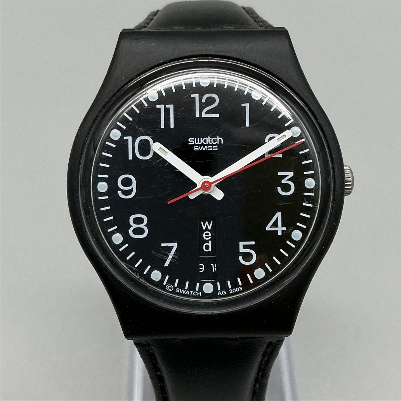 Vtg Swatch Red Sunday Mens Watch 34mm Black Dial Leather Day Date New Battery