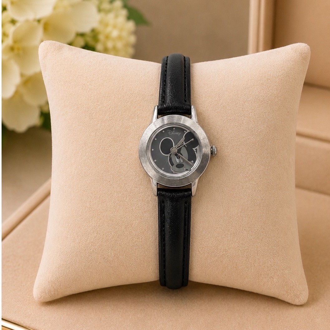 Vintage Disney Womens Watch Thinking Mickey Seiko SII Black Leather Band Working
