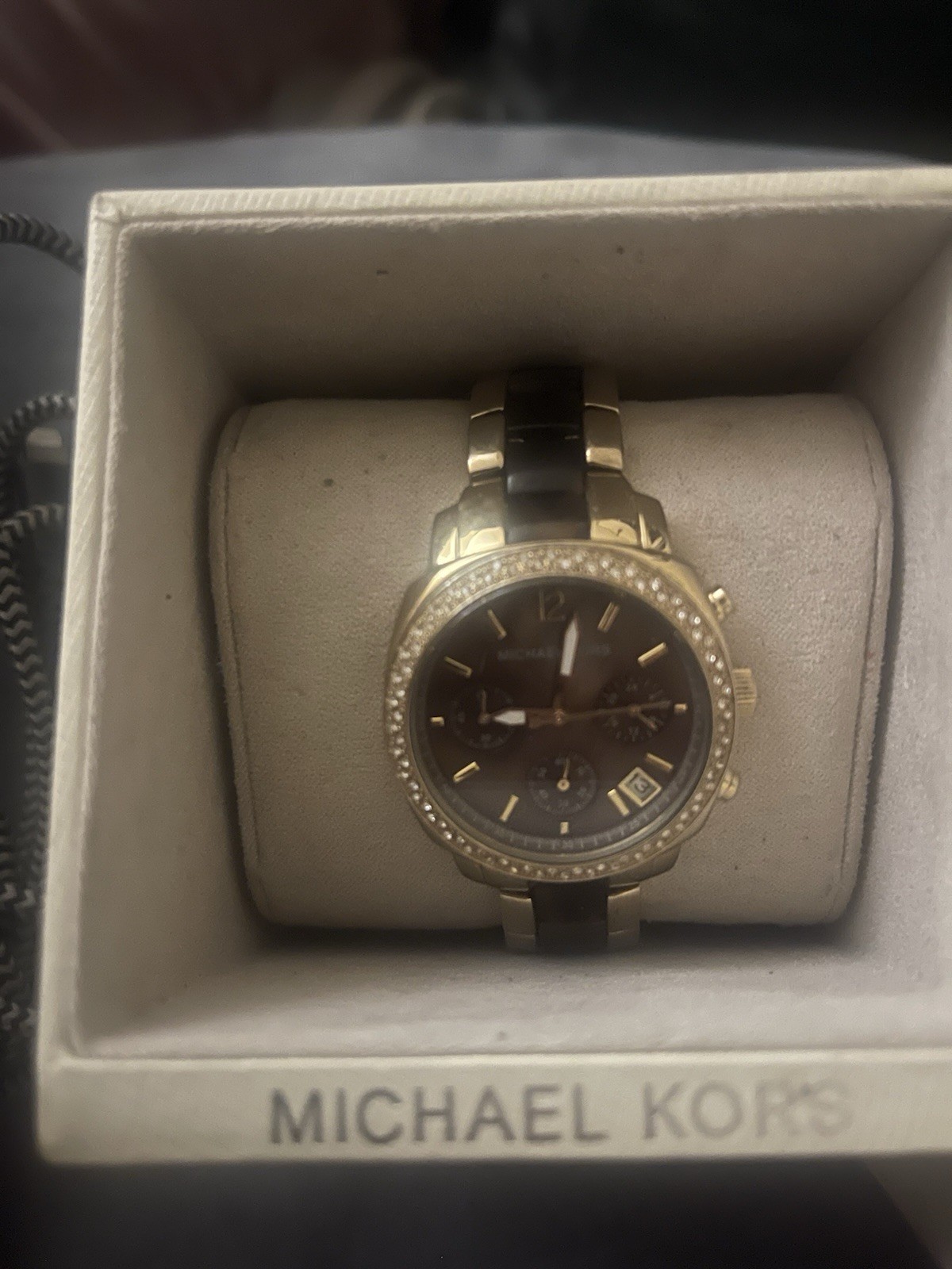 Michael Kors Women’s Black Dial Gold Tone Bracelet Watch Crystal Bezel Date