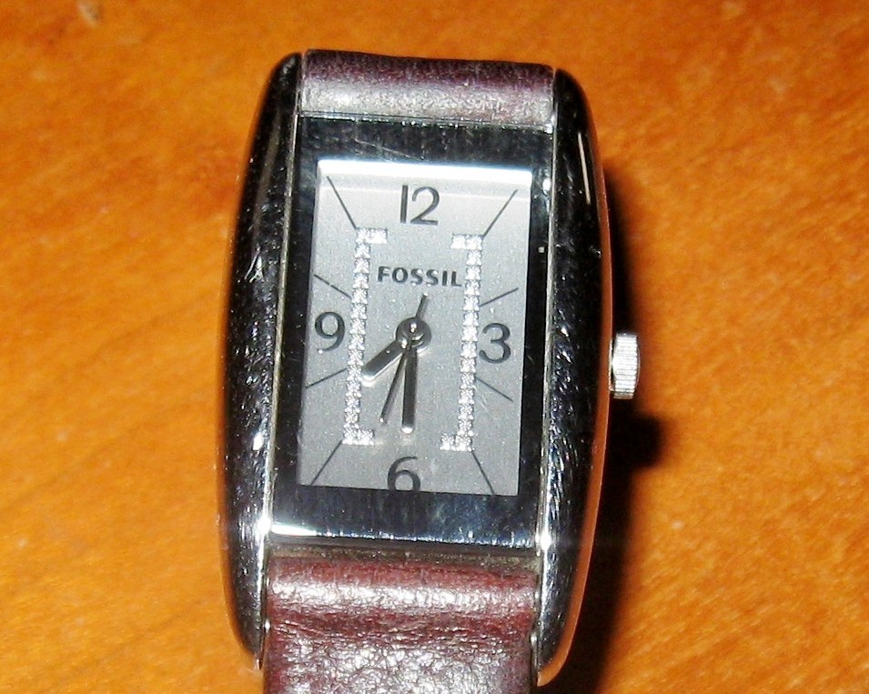 Fossil Watch ES-2586 Rectangle Face Dark Brown Leather Band 5 ATM All Steel I