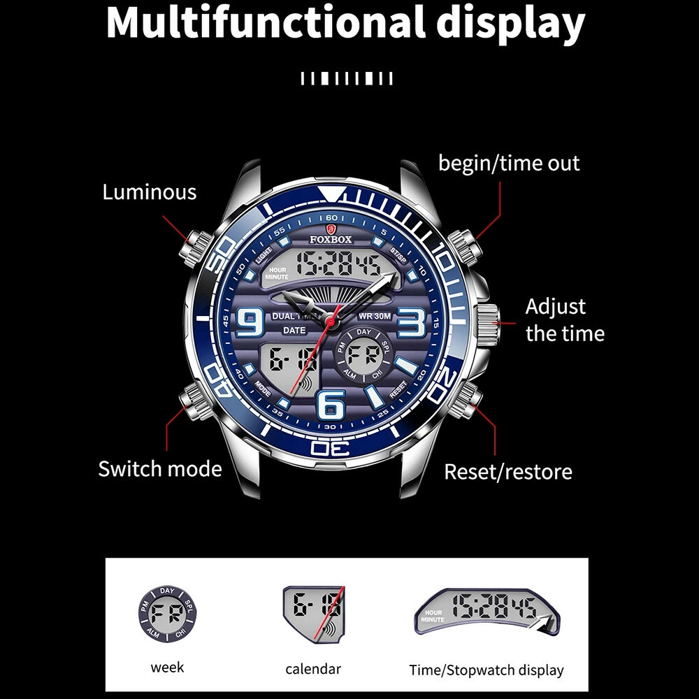 FOXBOX Watches Men Quartz Wristwatch Silver Steel Male Digital Alarm Date Watch