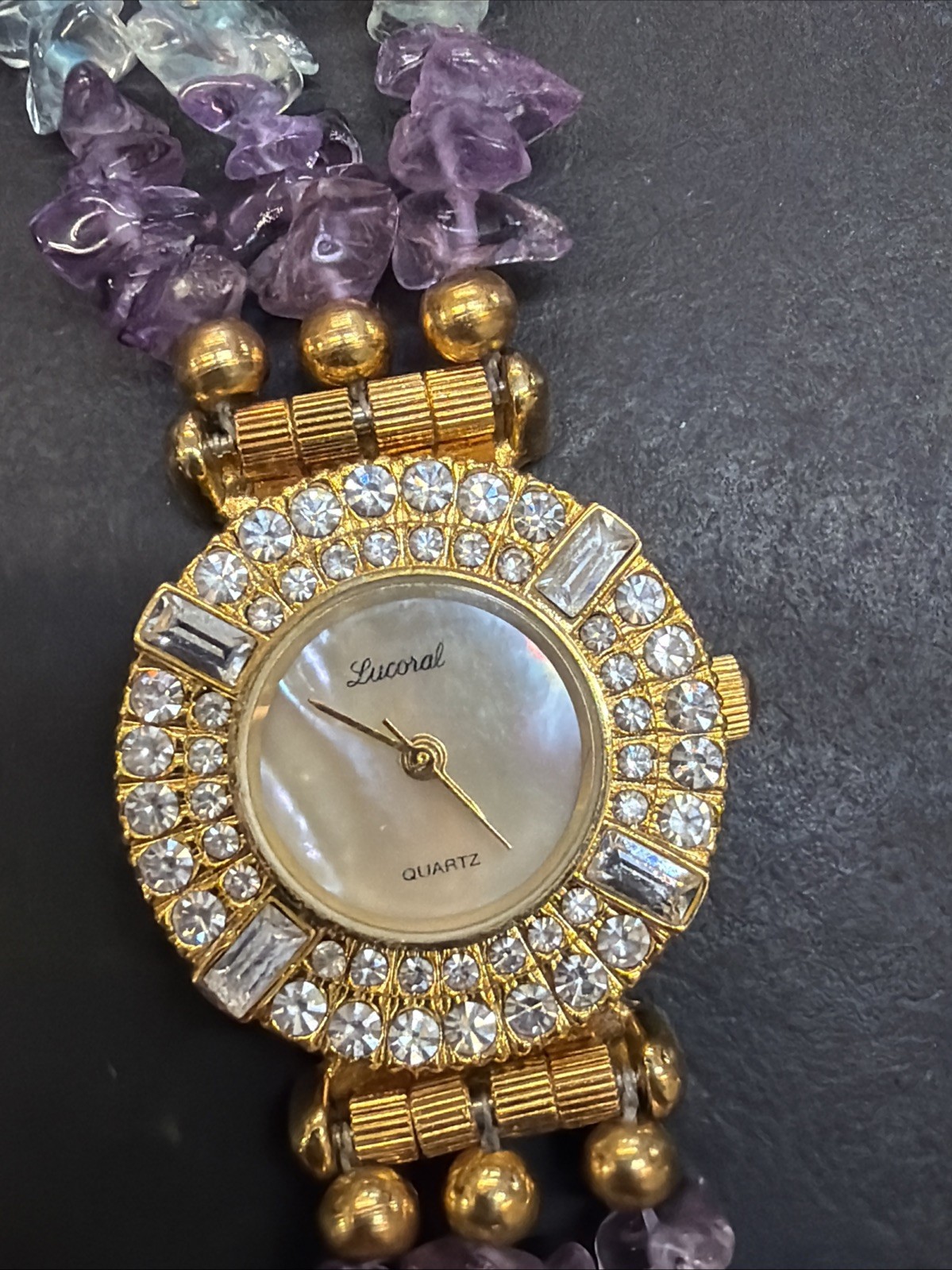 Z84 Lucoral Lady’s Watch Goldtone MOP Dial Genuine Stone Bracelet Untested As Is