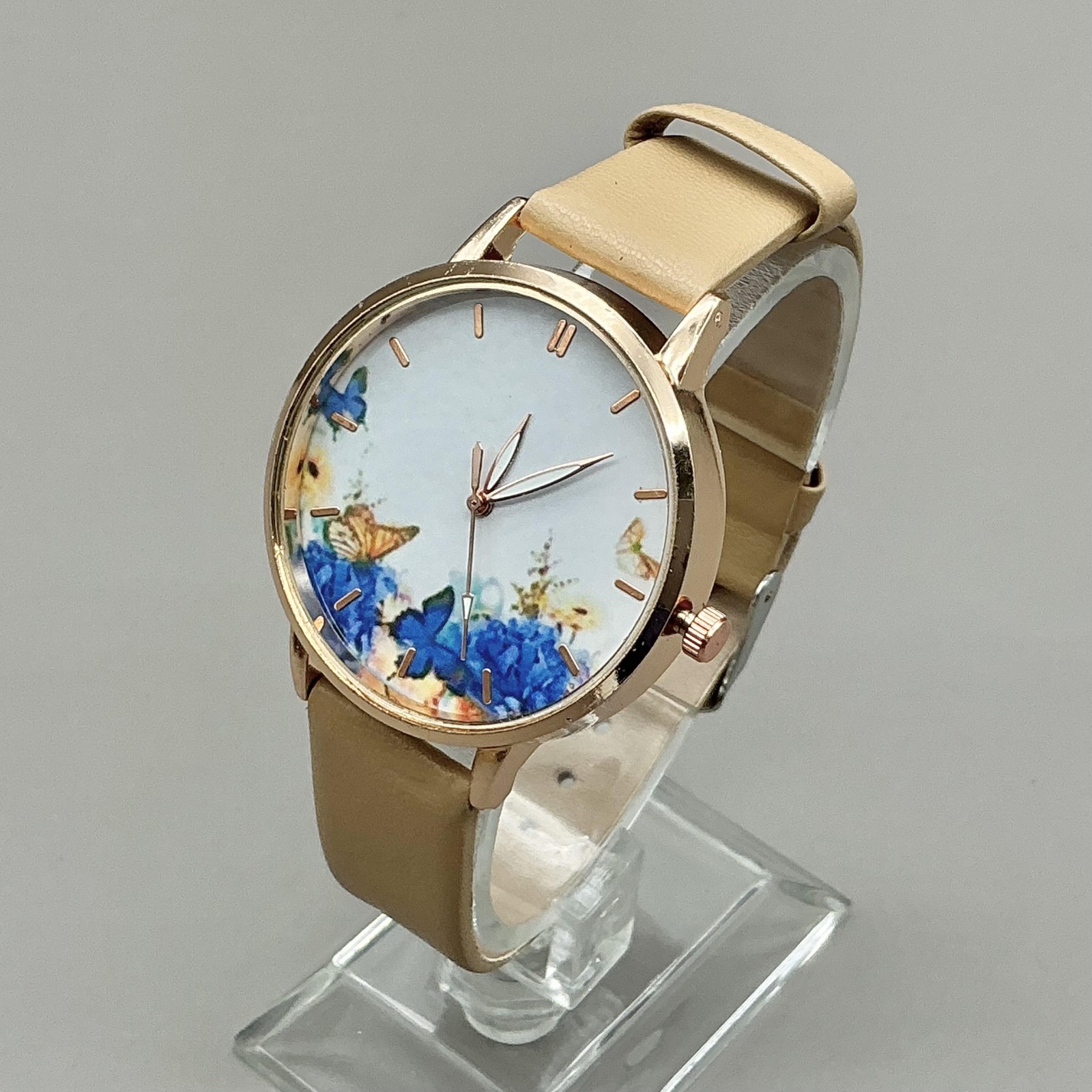 Women Watch Butterfly Floral Dial Beige Faux Leather Strap Rose Gold Tone Analog