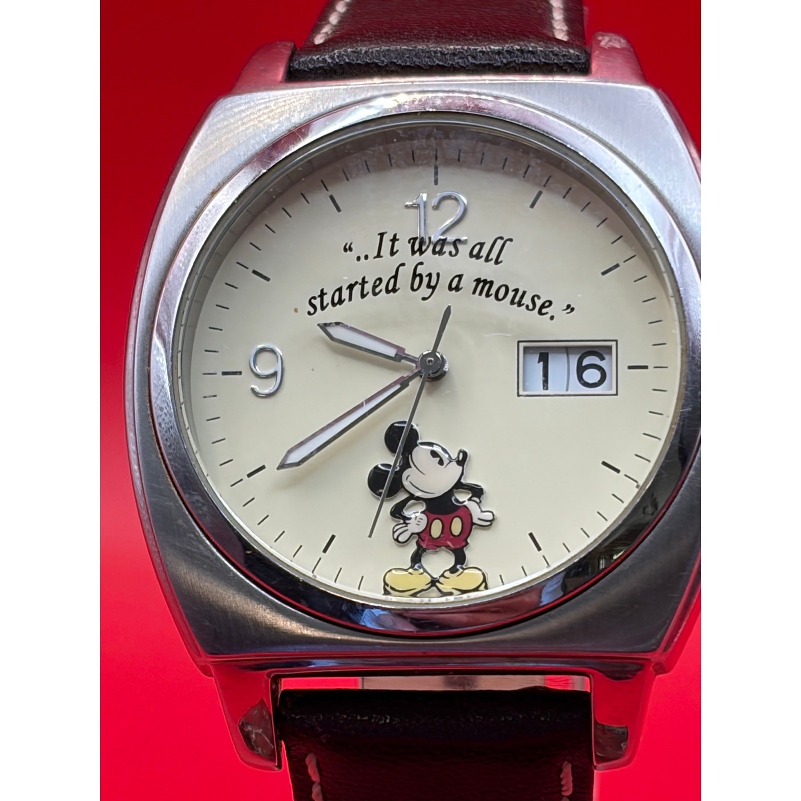 limited release Mickey Mouse watch features a square case and inscribed crystal