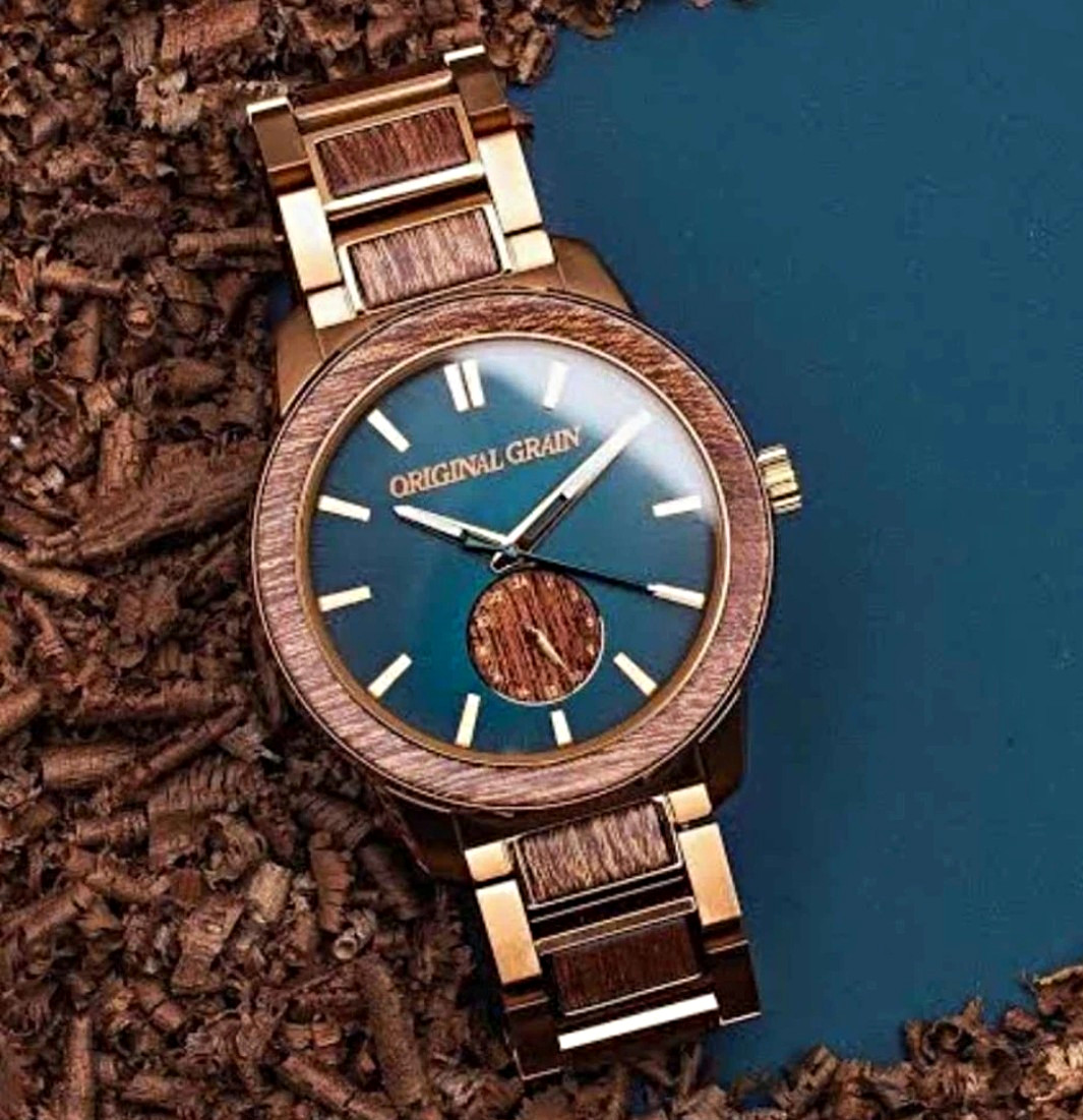 Original Grain Sapele Bronze Quartz Analog Watch Wood/Bronze Bracelet Teal Dial
