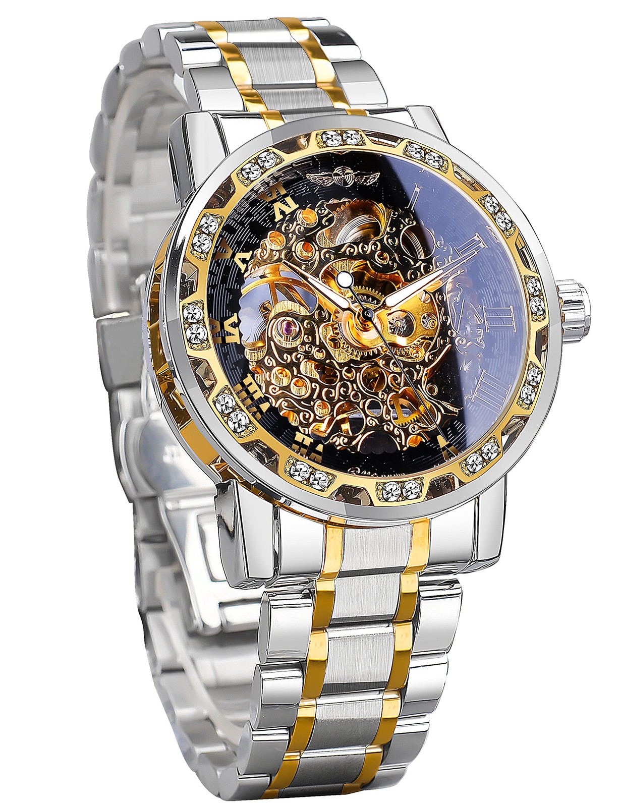 Men’s Steampunk Skeleton Mechanical Watch, Blue Diamond, Royal Carving, Silve…