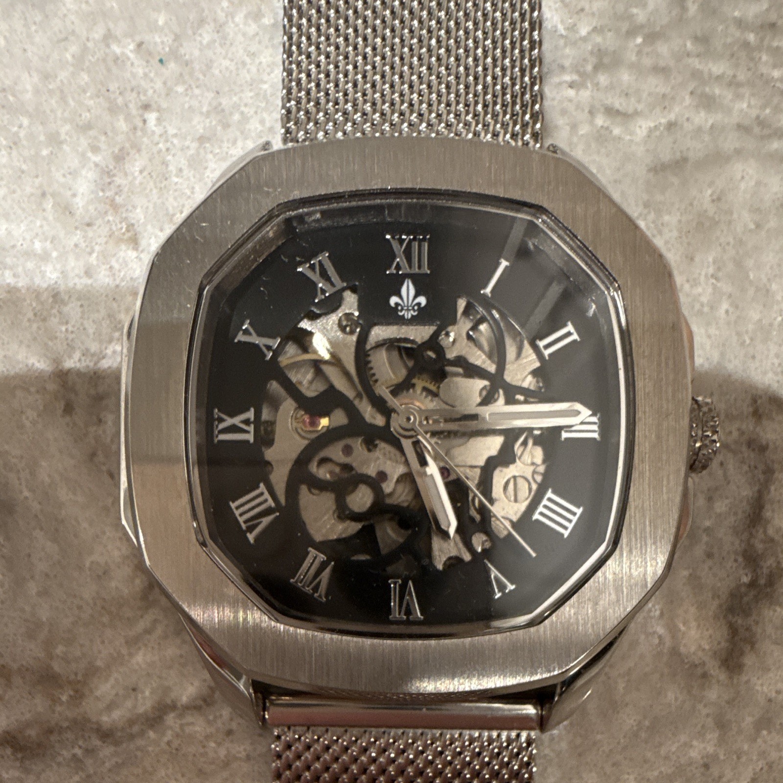 Ralph Christian Men’s Skeleton Automatic Octagon 44mm Silver Mesh “The Avalon”
