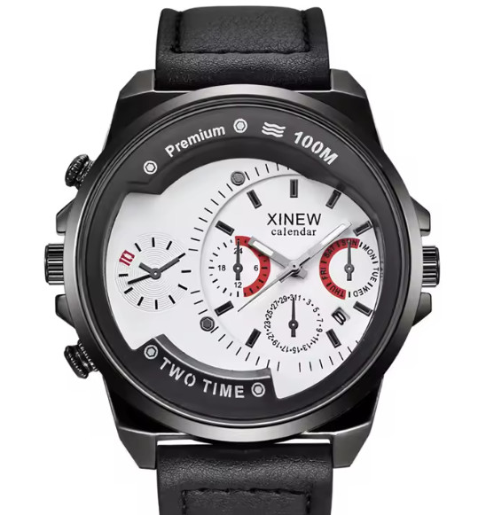 XINEW Men Watch Fashion Black Quartz Wristwatch Luxury Leather Band DateCalendar