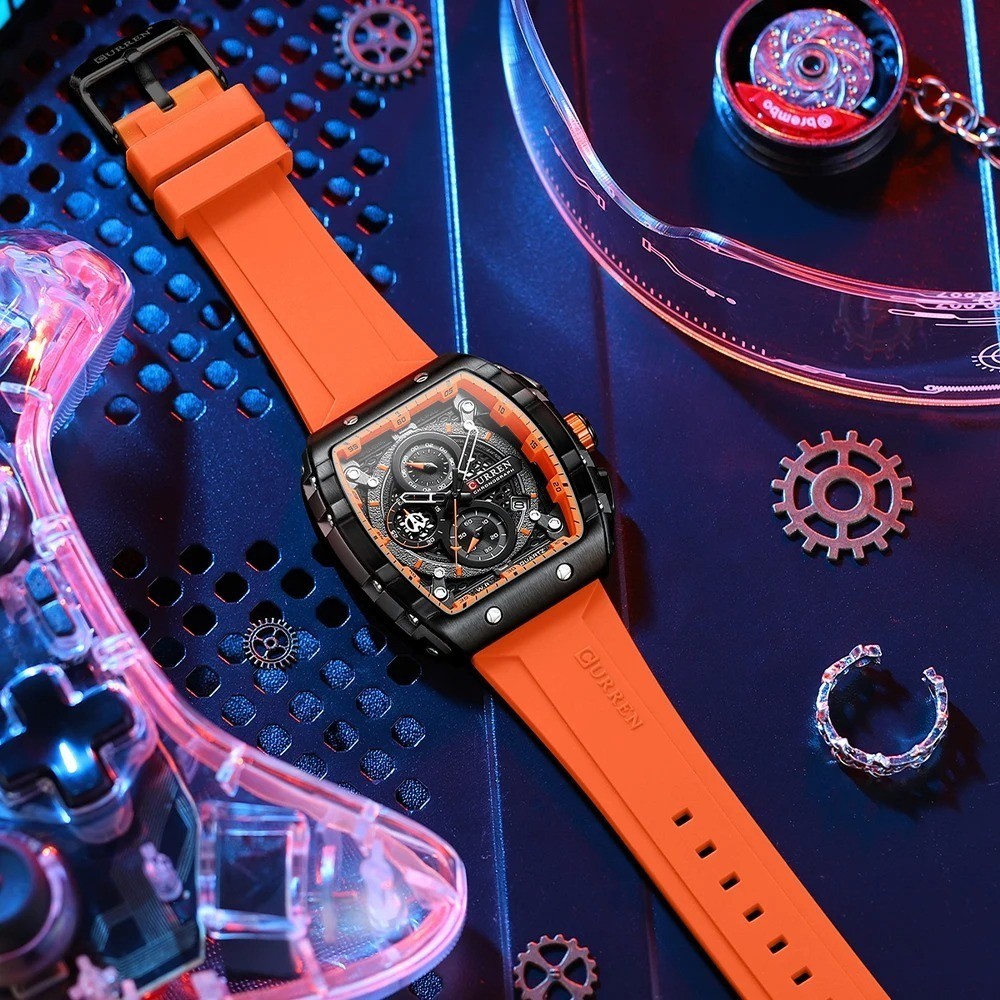 Men’s CURREN Chronograph Sport Luxury Tonneau Case Watch Silicone Strap
