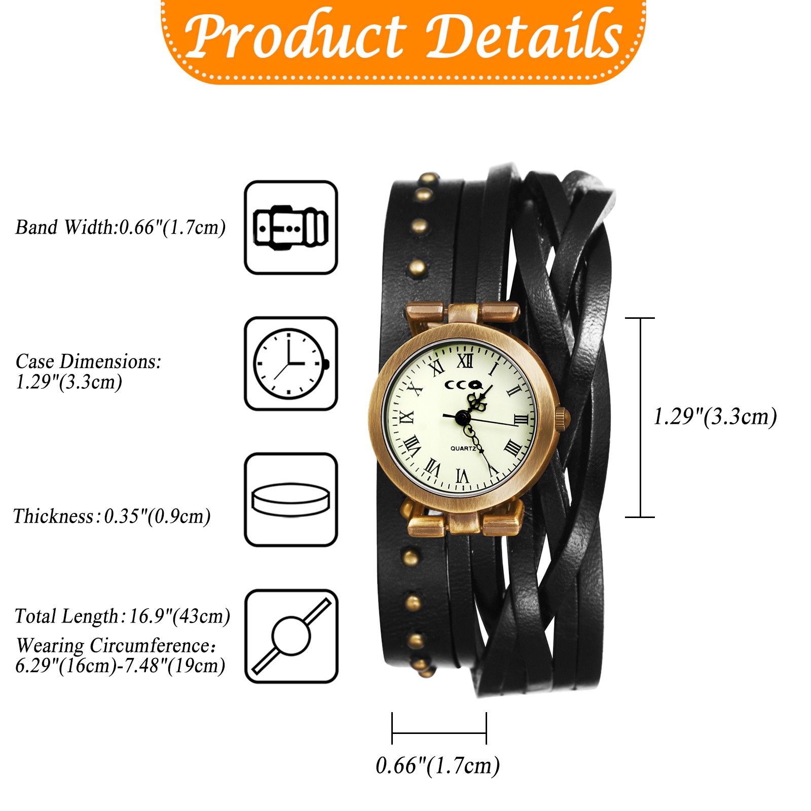 Punk Double Wrap Watch Roman Numerals Studded Leather Rivet Motorcycle Women