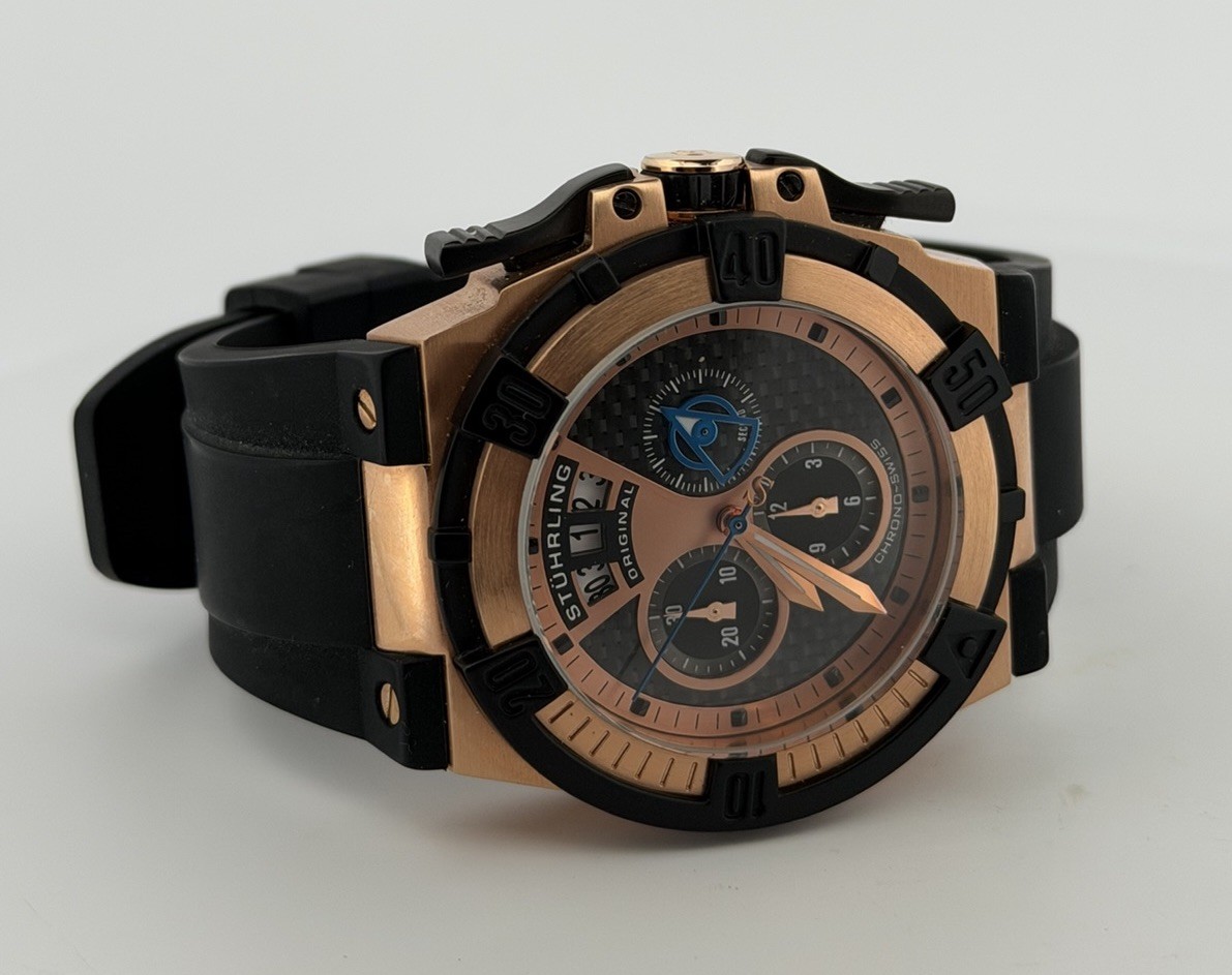 Stuhrling Men’s Falcon 220 Diver 49mm Rose Gold Tone Watch Swiss Chrono Rare