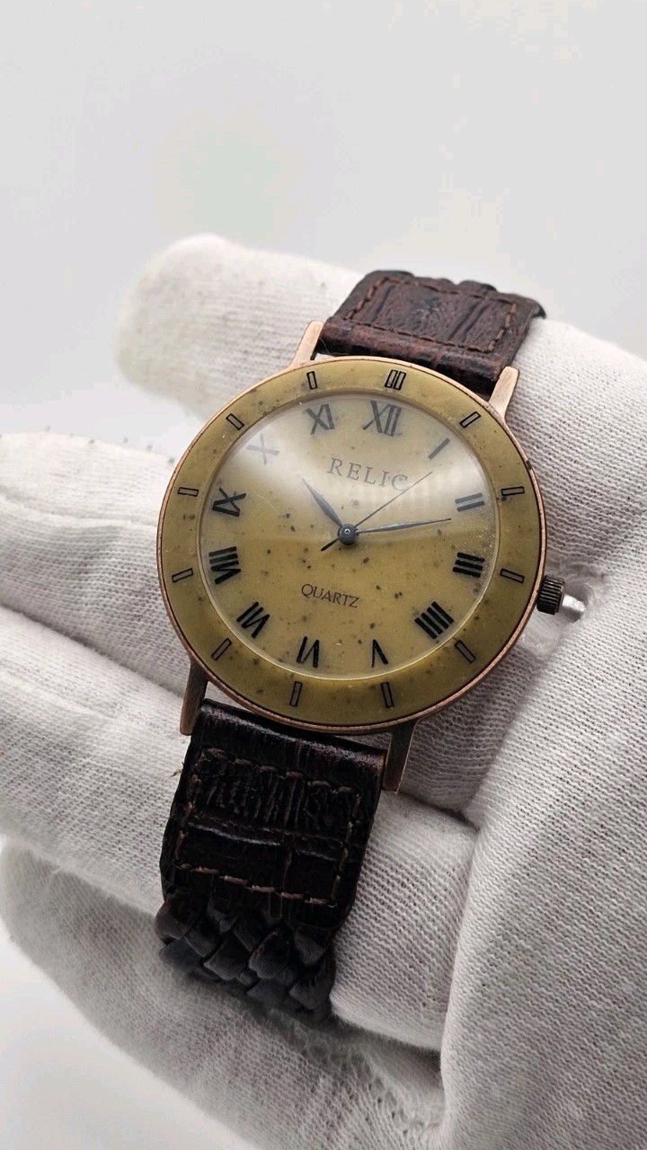 Vintage Relic Stone Dial Copper/Bronz Brown Leather Roman Numerals
