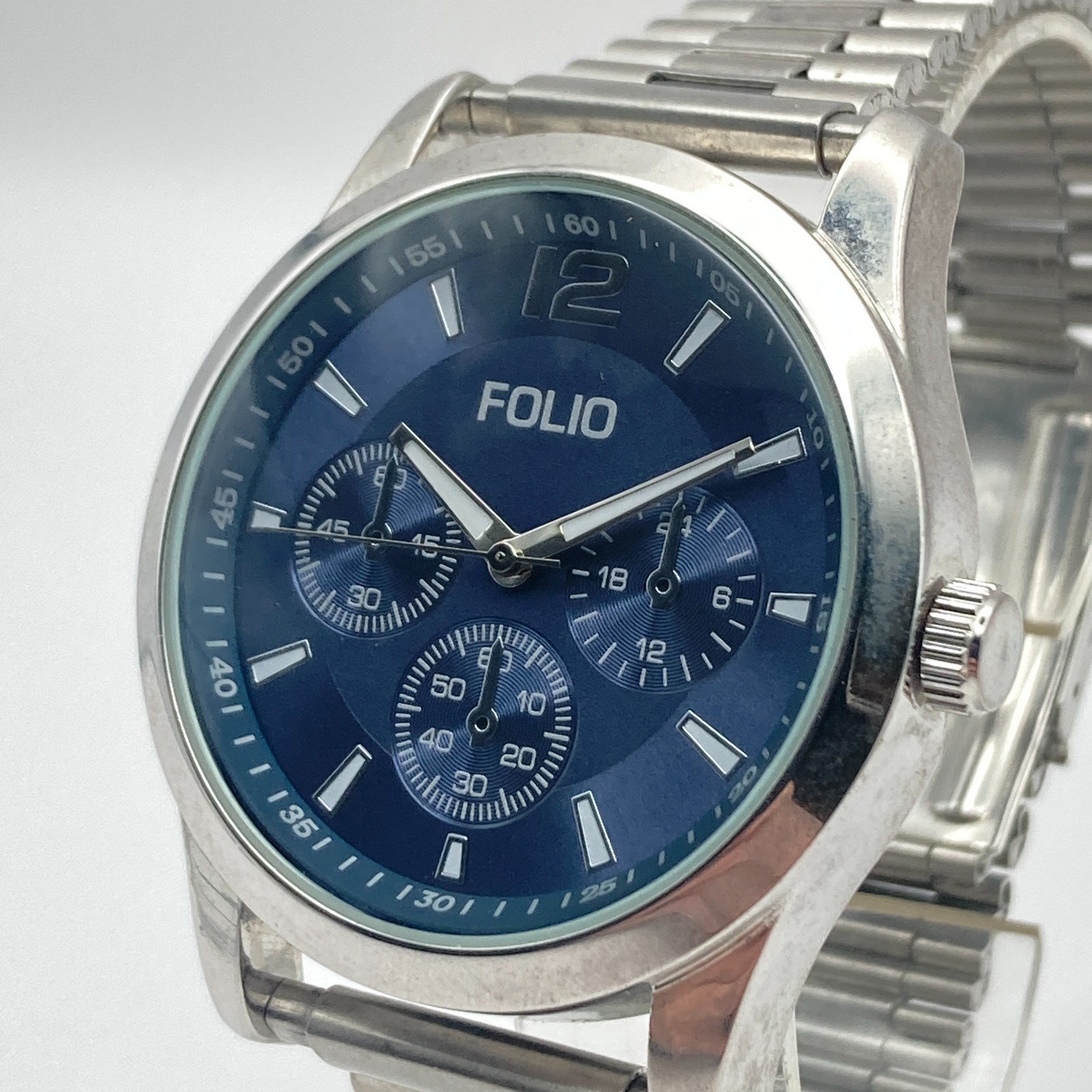 Folio Men’s Watch 41mm Silver Tone Blue Dial Round New Battery 8″