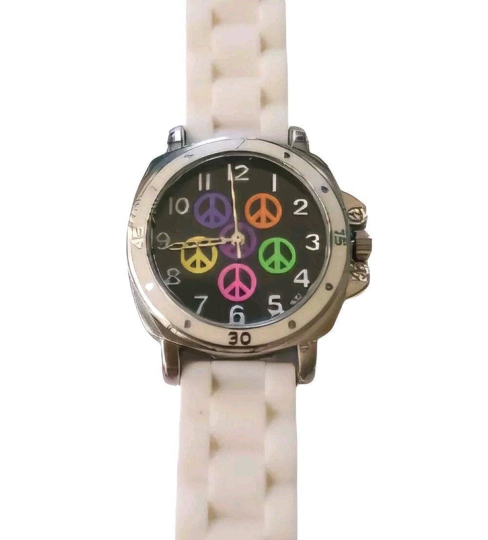 Peace Signs Y2k Wrist Watch by Bugle Boy White Silicone Buckle Band