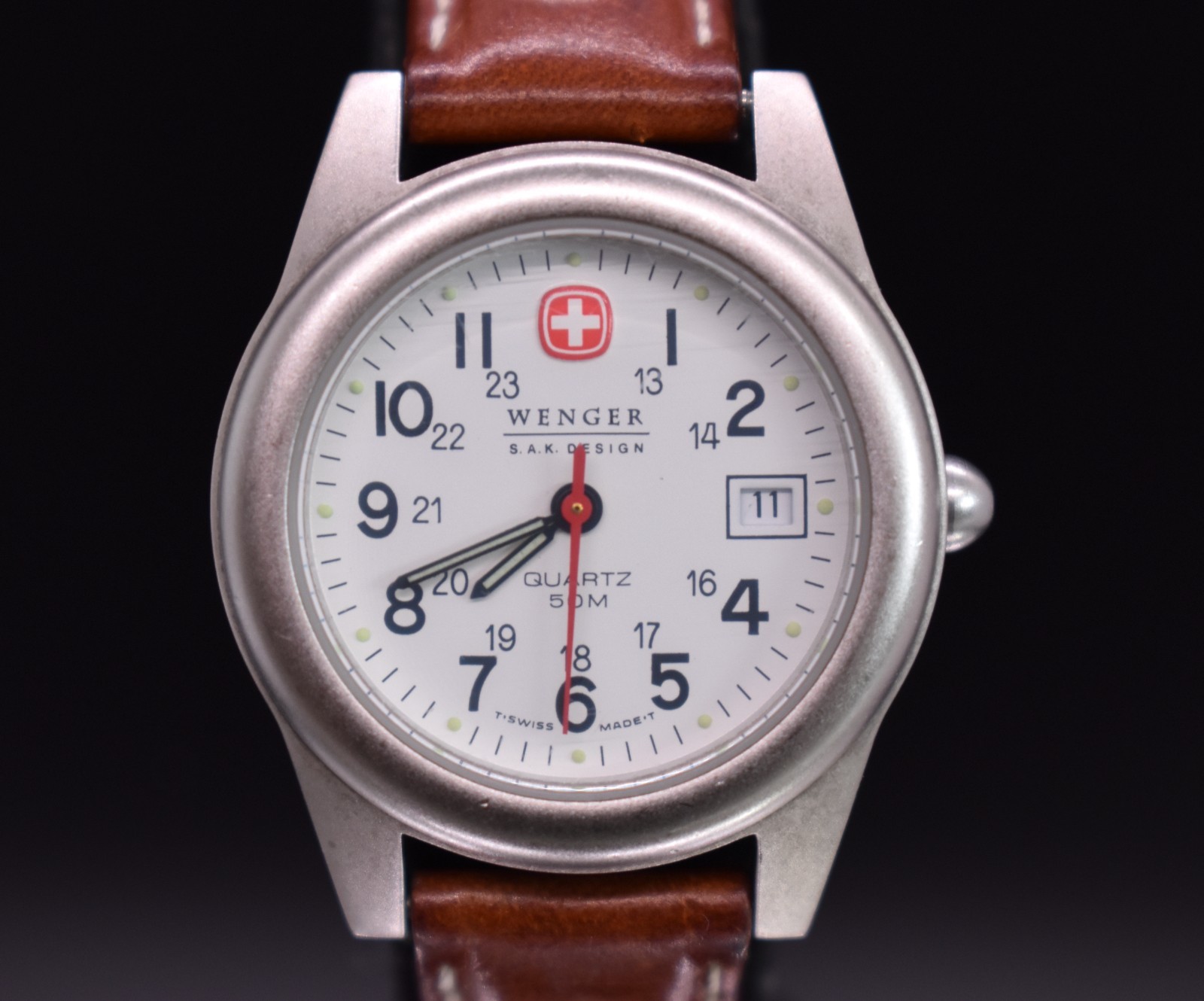 Vintage Wenger SAK Design Swiss Women Field Watch Date Brown Leather 093.0600
