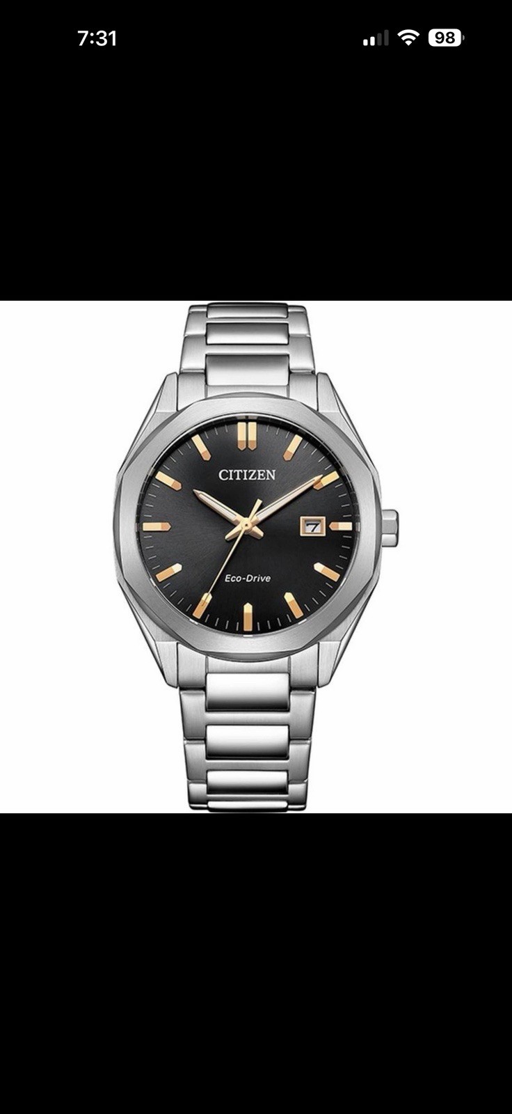 New Citizen Men’s Watch Eco-Drive Black Dial Stainless Steel Bracelet BM7620-83E