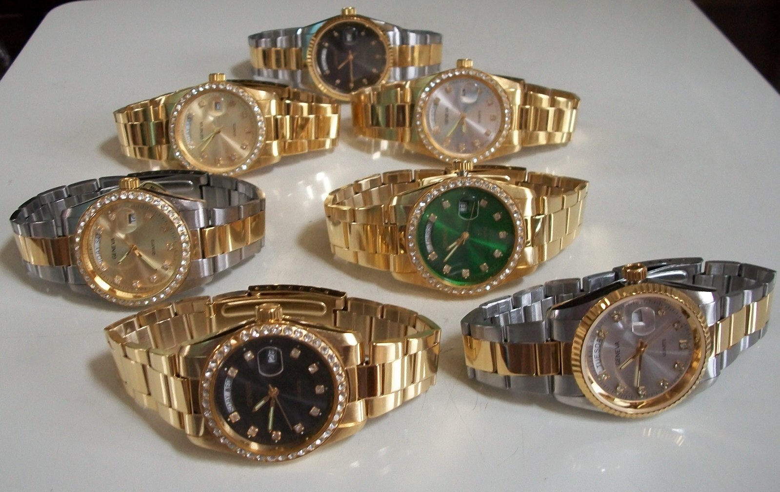 Men’s gold or silver finish day & date fashion dress up or casual hip hop watch
