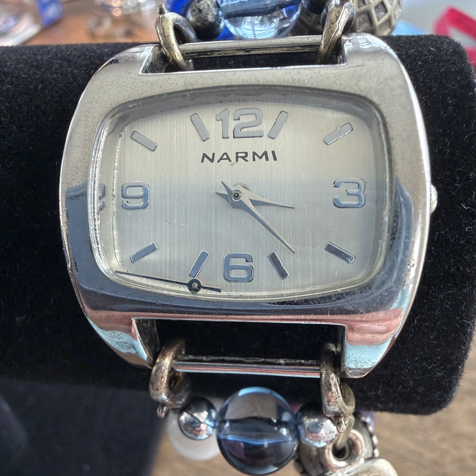 NARMI Ladies Watch BIG Blue/Metal Beaded Band SEE PHOTOS. New Battery. Works