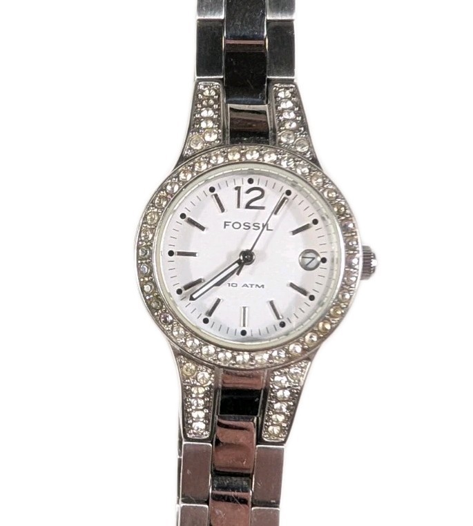 Fossil AM-4192 Watch Date 10ATM Stainless Steel Diamond Crystal 28mm New Battery