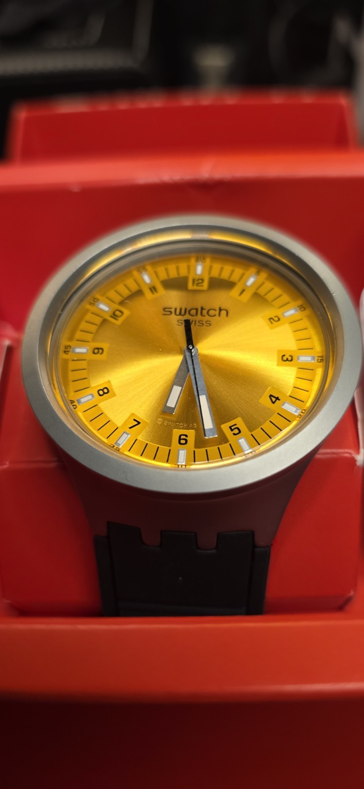 Swatch Big Bold Irony Amber Sheen Comes Amber and Black Rubber Strap