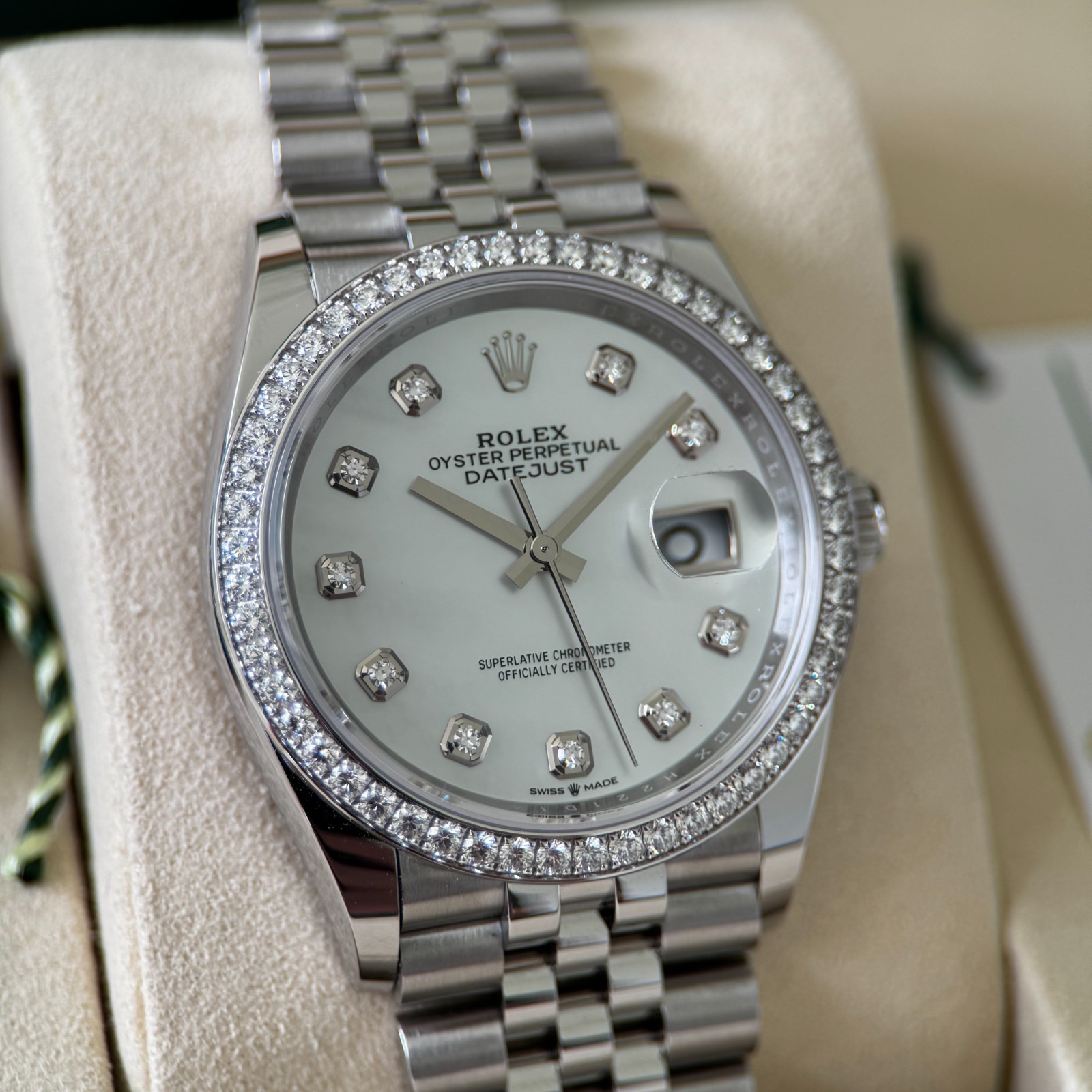 Rolex Datejust 36 -MOP Diamond Dial & Diamond Bezel Jubilee – Full Set 126284RBR