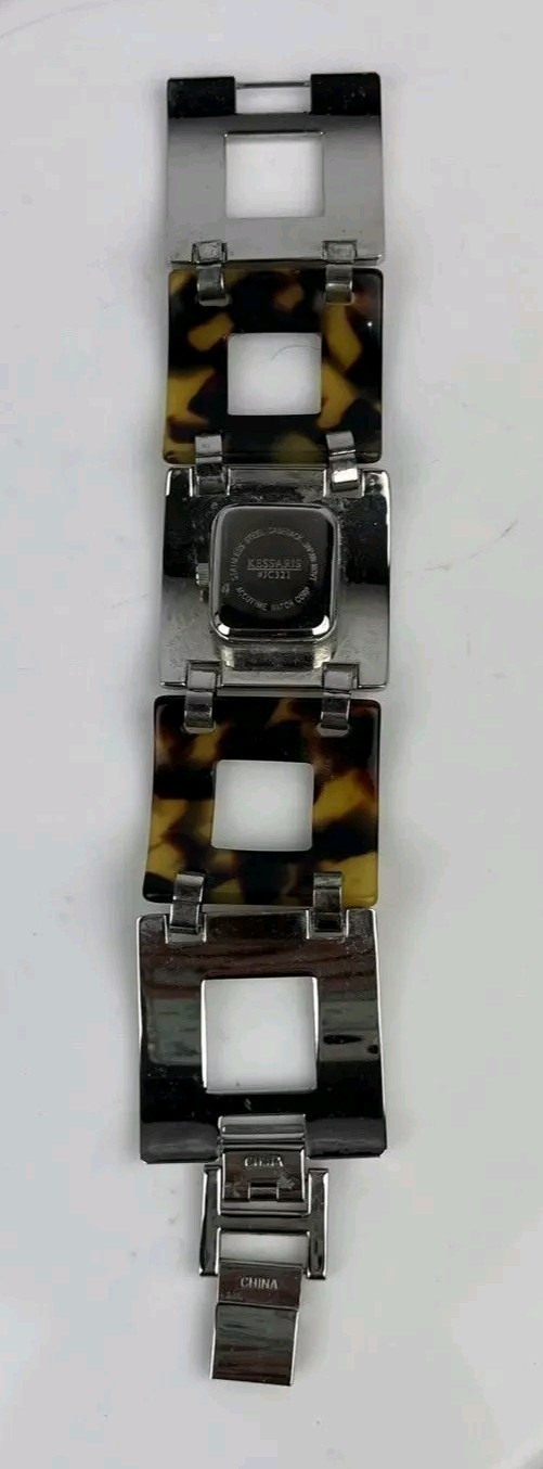 Kessaris Women’s Watch Silver Tone And Tortoise Squares Linked Band New Battery