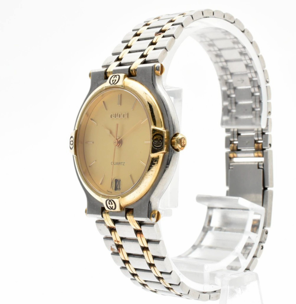 Vintage [N MINT] GUCCI 9000M Gold Dial Two Tone Date 32mm Qz Men’s Watch JAPAN