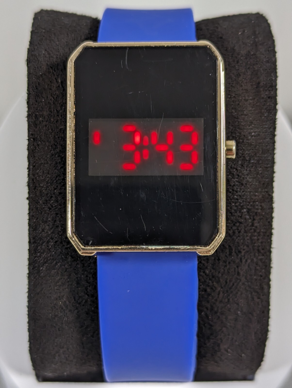 Digital LCD Dial Gold Tone Rectangle Case Blue Silicone Band Watch