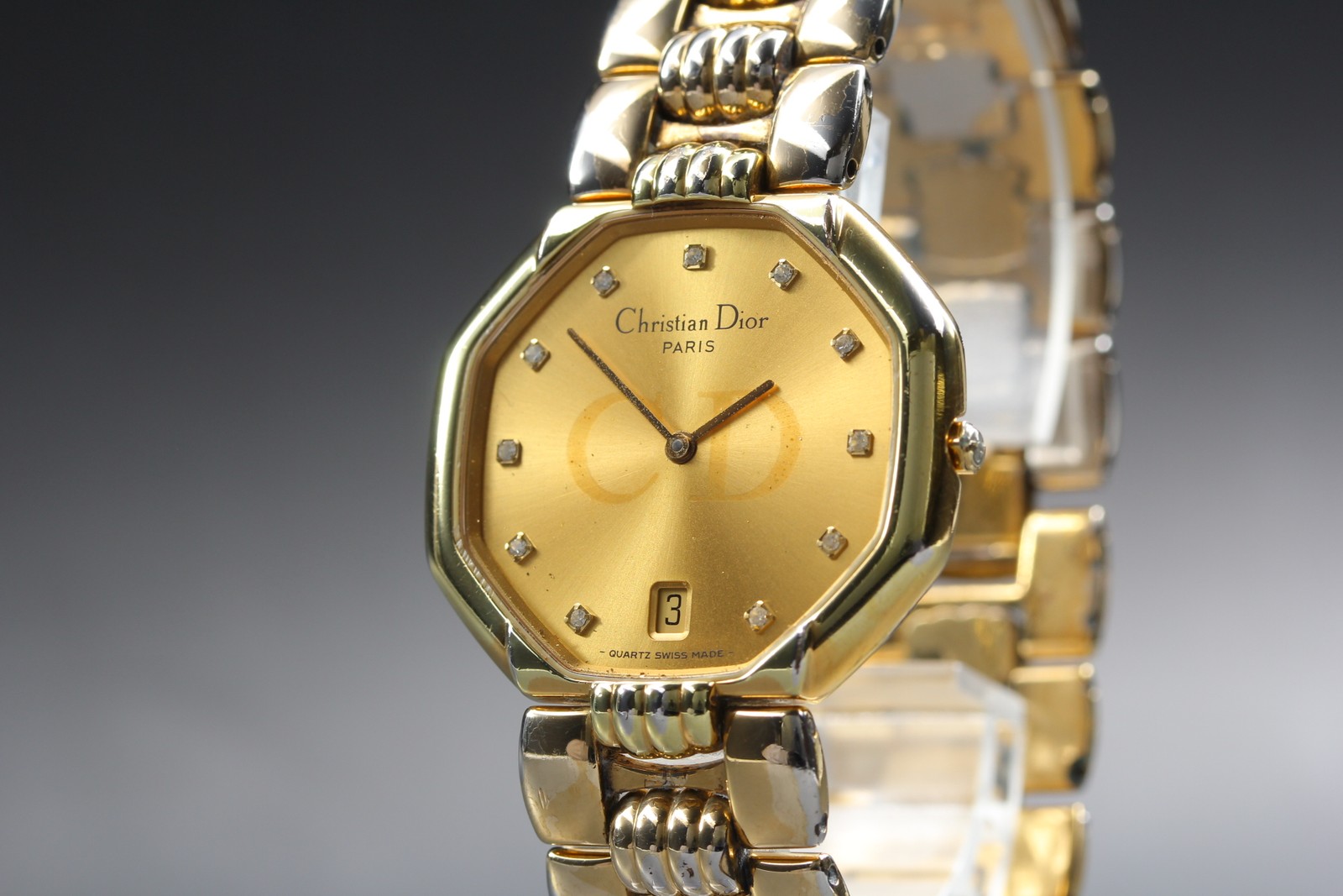 [Exc+5] Christian Dior 45.154 11P Diamond Gold Date Quartz Vintage Unisex Watch