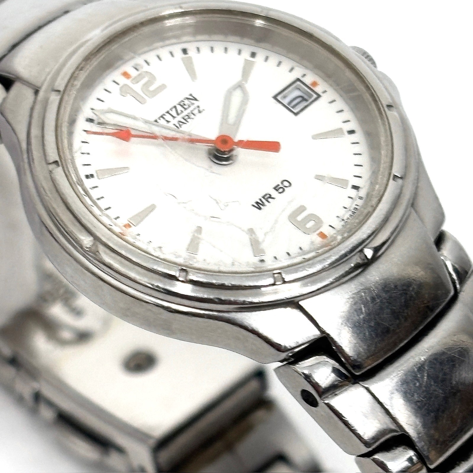 Citizen Quartz Ladies White Dial Orange Hand Stainless Steel Date New Battery