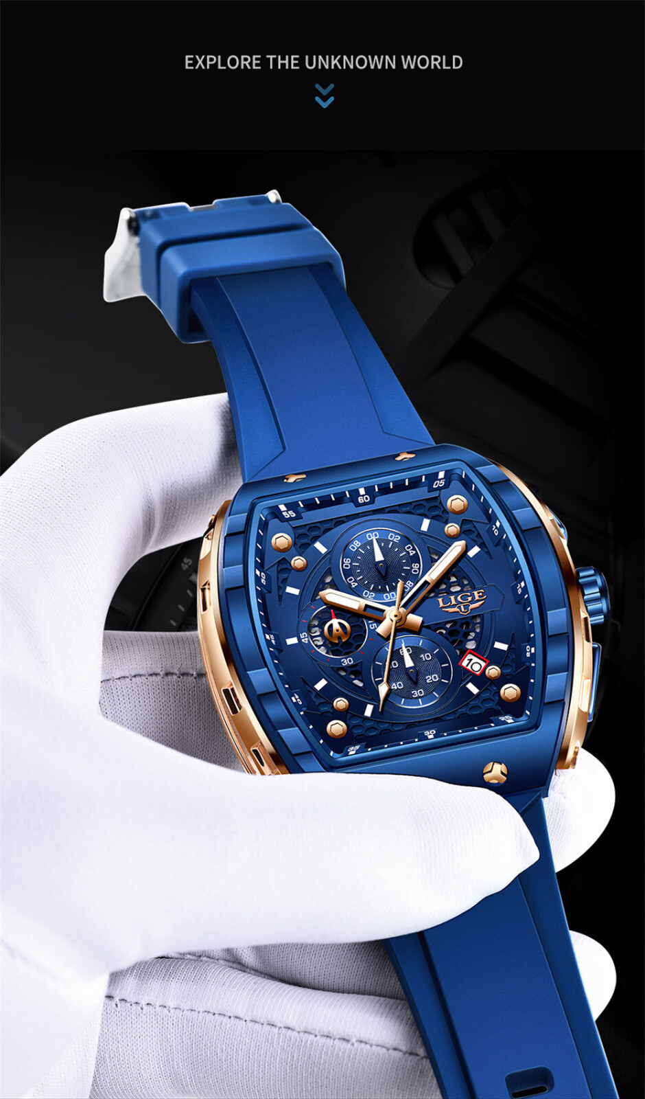 LIGE Men Quartz Watch Rectangle Sport Wristwatch Chronograph Males Date Watches