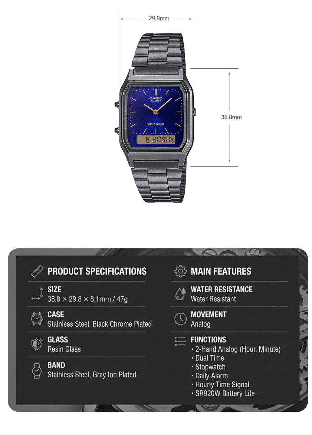 Casio Retro Vintage Watch AQ-230GG-2A Gunmetal Gray Blue Dial Dual Time New