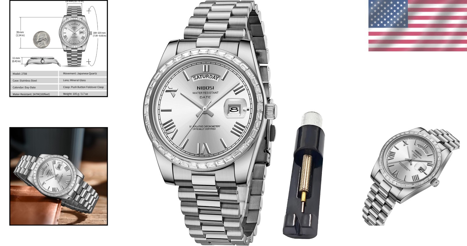 Luxury Men’s Quartz Watch with Diamond Bezel & Day-Date – 100FT Water Resistant
