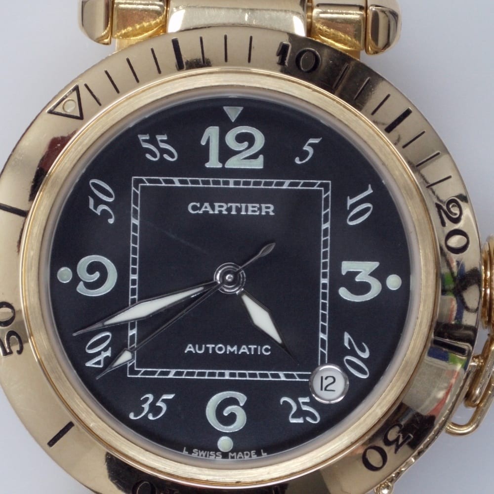 Full Set Cartier Pasha 35 mm 18K Yellow Gold Black Dial Automatic Watch 10351