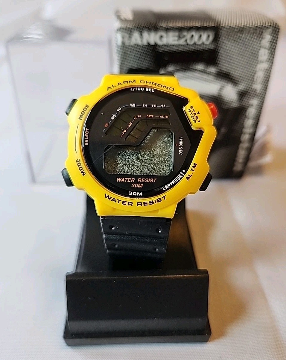 New Range2000 Digital Wristwatch Black & Yellow Water Resistant Laps New in Box